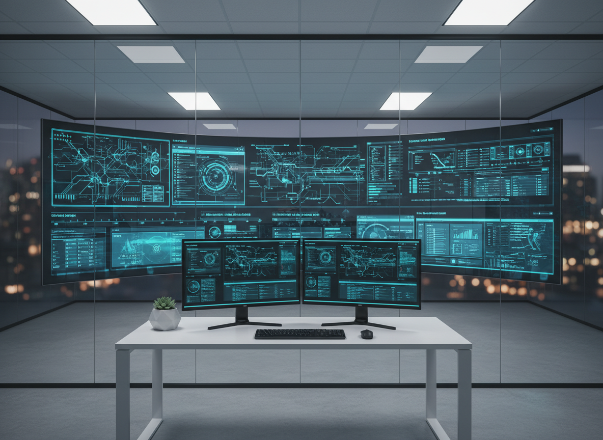 A sleek, modern IT operations command center without any people, featuring a wide curved ultra-high-resolution monitor wall displaying clean network maps, uptime dashboards, and security alerts in cool blues and teals. In front, a single minimalist white workstation desk holds a slim black keyboard, dual 27-inch monitors, and a small potted plant. The space is enclosed by glass walls, with a city skyline faintly visible in the softly blurred background. Neutral overhead LED panels provide even, cool-toned lighting that reflects gently off matte surfaces, creating a professional, trustworthy atmosphere. Photographic realism, eye-level composition with sharp focus throughout, emphasizing order, reliability, and high-end technology for business IT consulting.